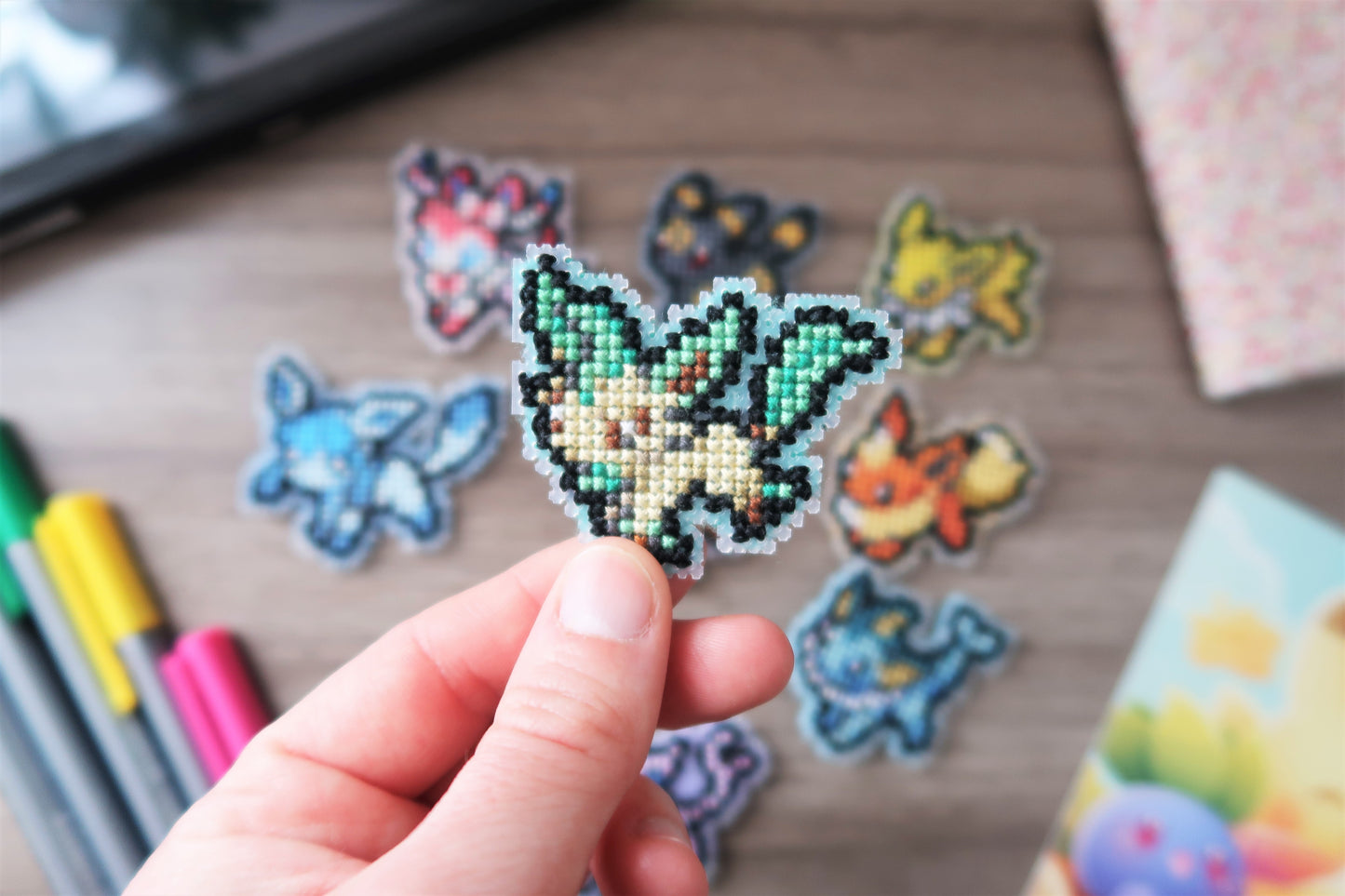 Eevee and Leafeon from Pokemon - Cross stitch magnet kit