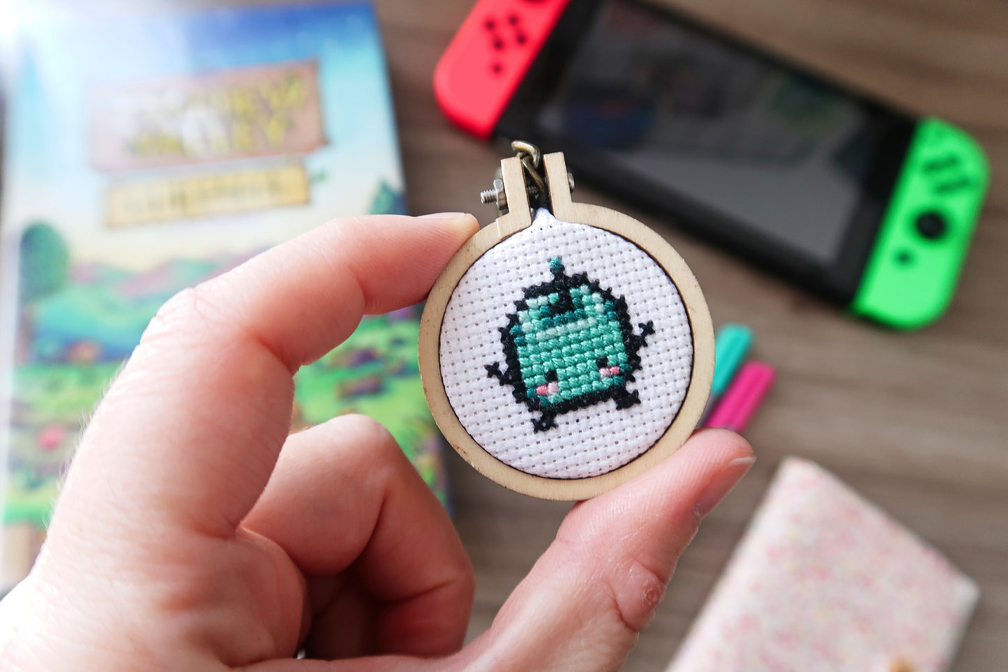 Cross-stitch keychain ~ Junimo from Stardew Valley