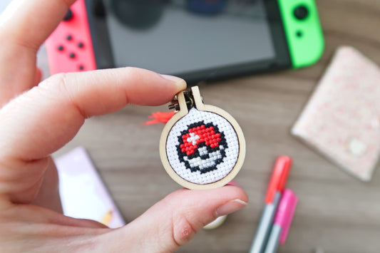 Cross-stitch keychain ~ Pokeball from Pokemon